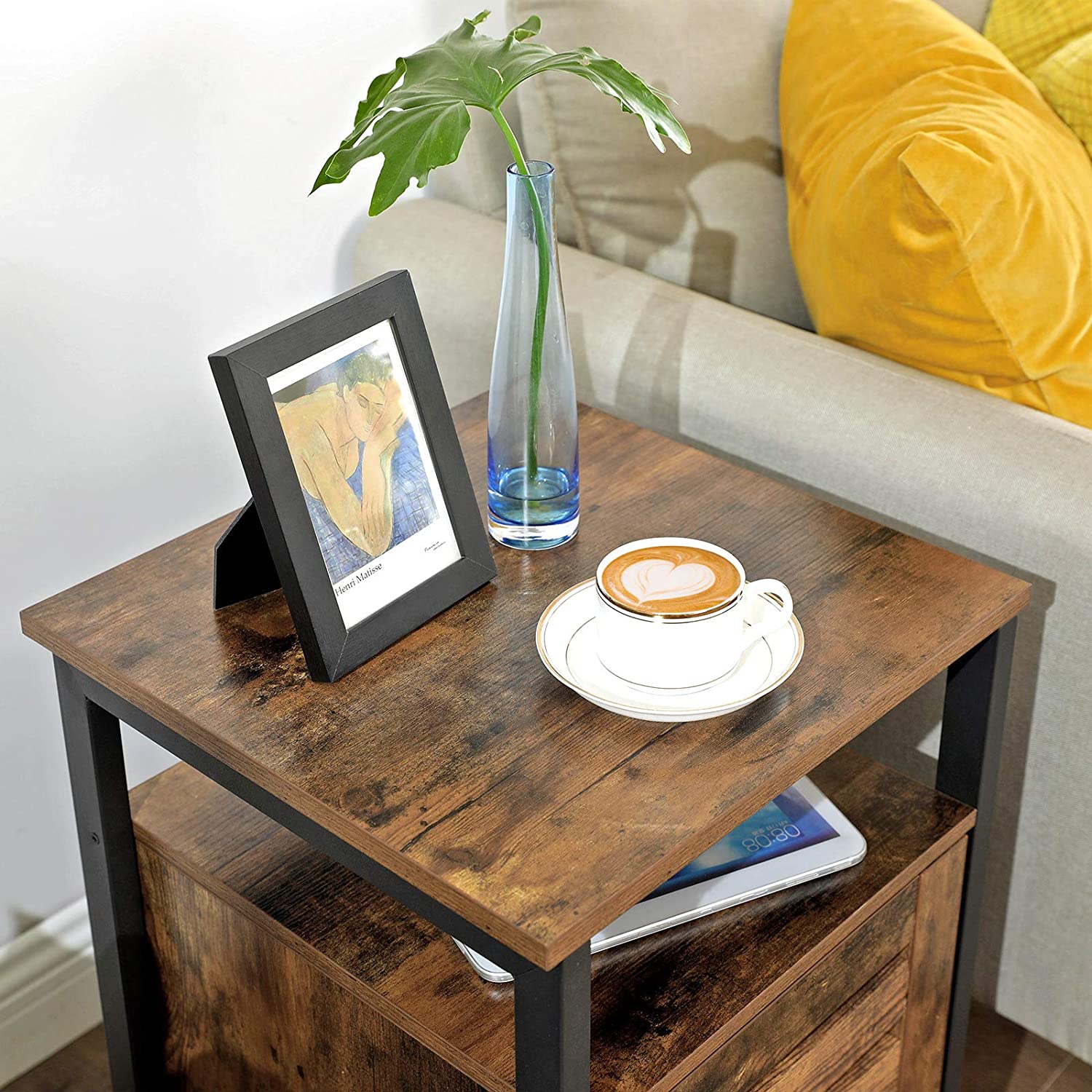 Big Bedding Australia Bedside Table Bedside Table with 2 Adjustable Shelves, Steel Frame, 40 x 40 x 60 cm,  Rustic Brown and Black