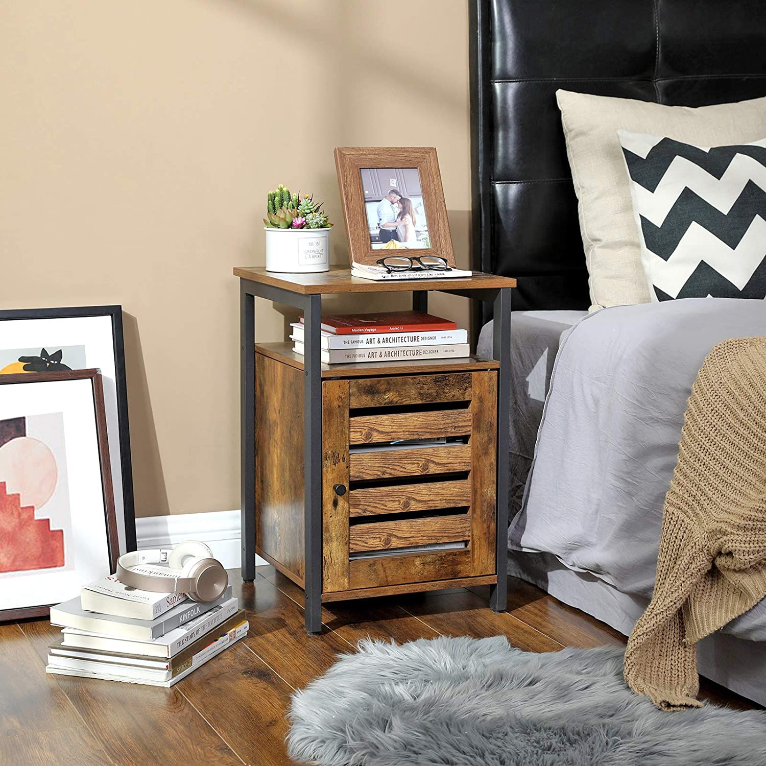 Big Bedding Australia Bedside Table Bedside Table with 2 Adjustable Shelves, Steel Frame, 40 x 40 x 60 cm,  Rustic Brown and Black