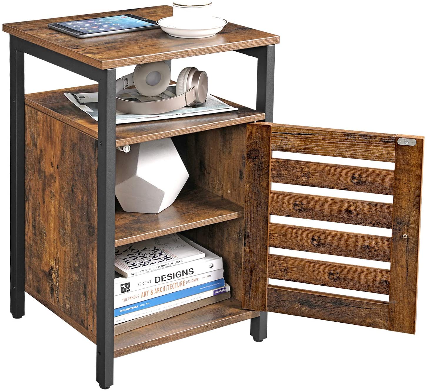 Big Bedding Australia Bedside Table Bedside Table with 2 Adjustable Shelves, Steel Frame, 40 x 40 x 60 cm,  Rustic Brown and Black