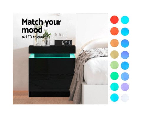 Big Bedding Australia Bedside Table Bedside Tables Side Table Drawers RGB LED High Gloss Nightstand Black