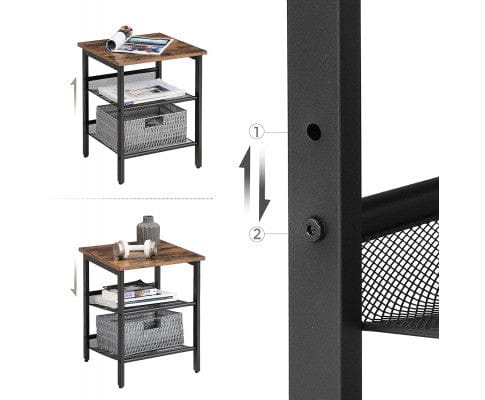 Big Bedding Australia Bedside Table Industrial Set of 2 Bedside Tables with Adjustable Mesh Shelves Rustic Brown and Black