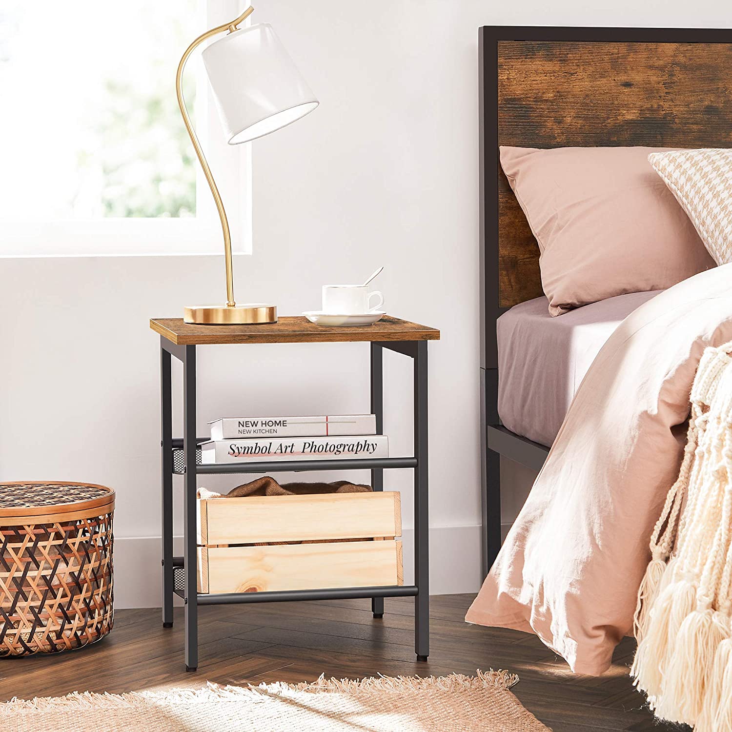 Big Bedding Australia Bedside Table Industrial Set of 2 Bedside Tables with Adjustable Mesh Shelves,  Rustic Brown and Black
