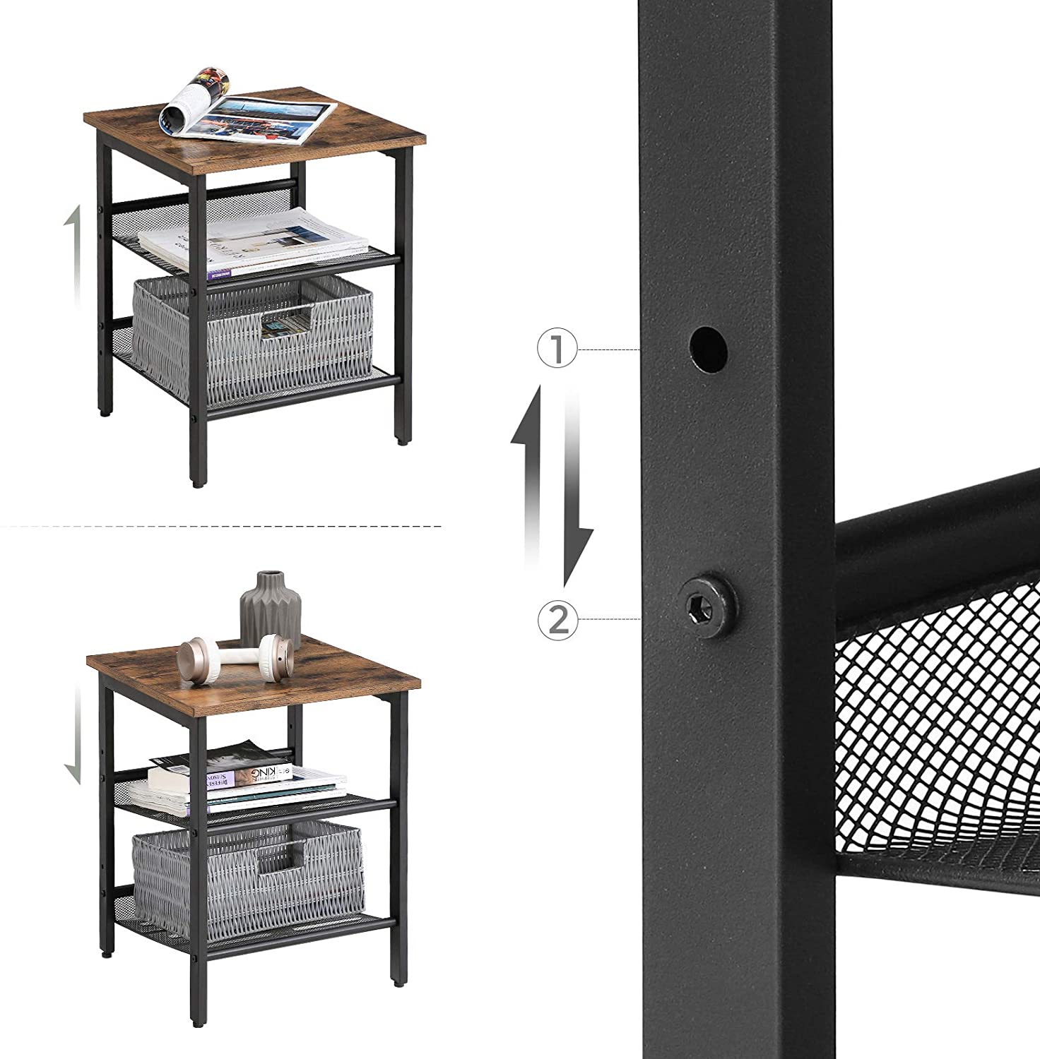 Big Bedding Australia Bedside Table Industrial Set of 2 Bedside Tables with Adjustable Mesh Shelves,  Rustic Brown and Black