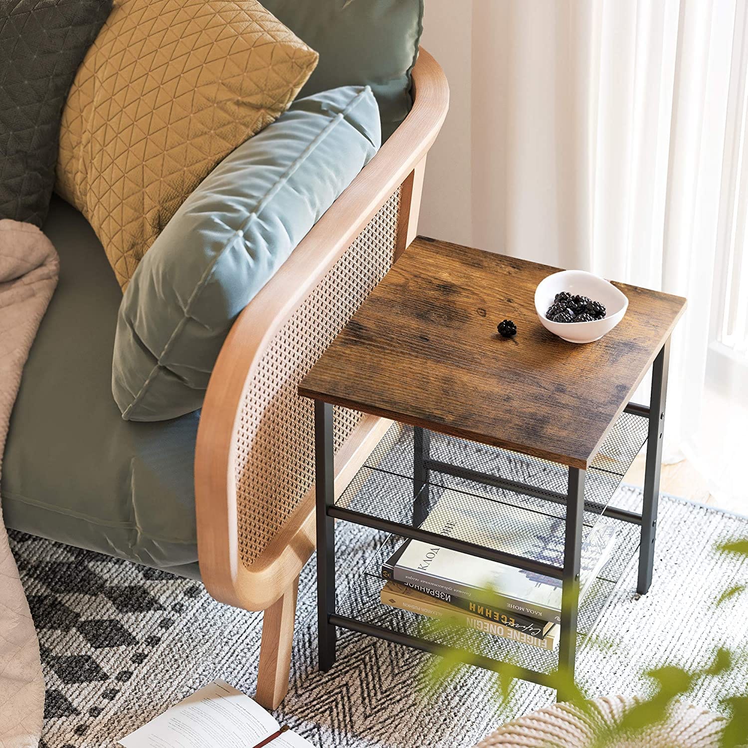 Big Bedding Australia Bedside Table Industrial Set of 2 Bedside Tables with Adjustable Mesh Shelves,  Rustic Brown and Black