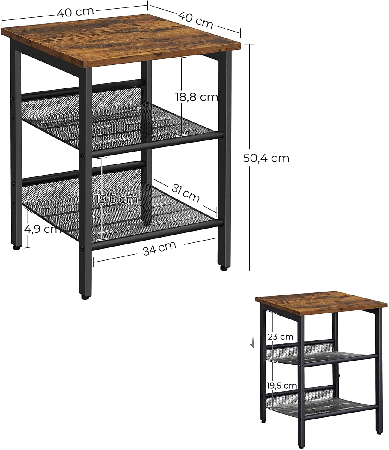 Big Bedding Australia Bedside Table Industrial Set of 2 Bedside Tables with Adjustable Mesh Shelves,  Rustic Brown and Black