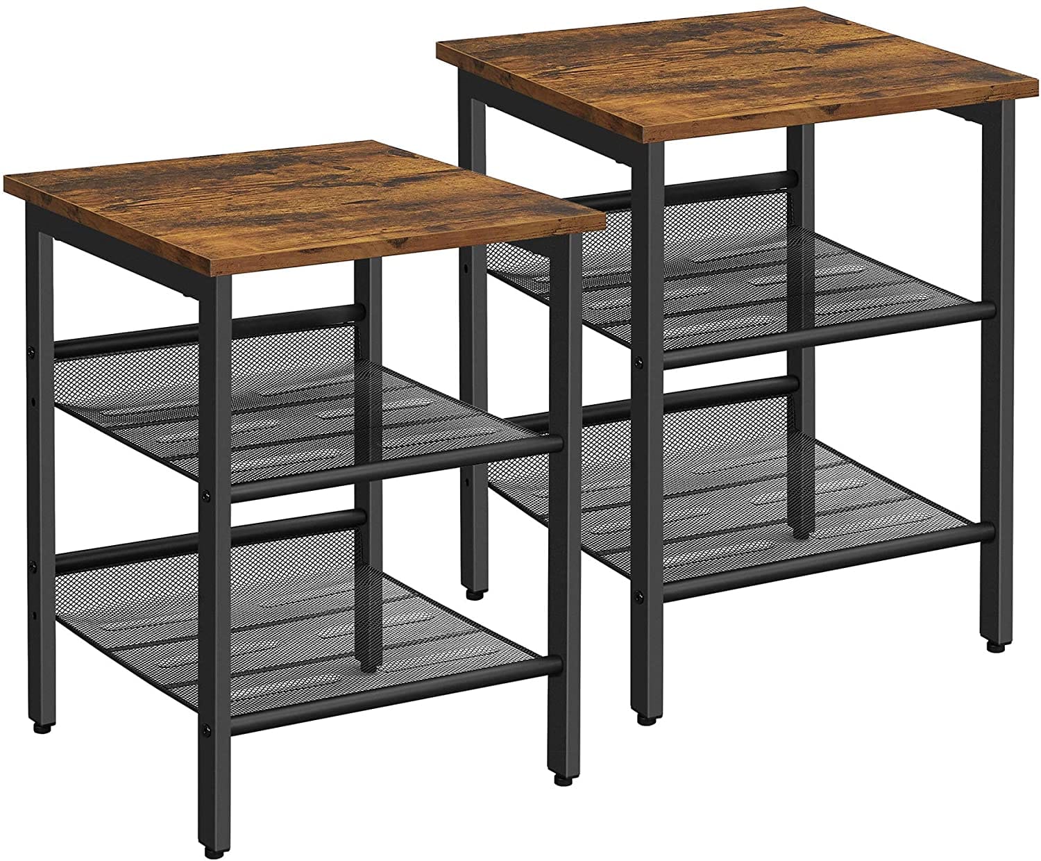 Big Bedding Australia Bedside Table Industrial Set of 2 Bedside Tables with Adjustable Mesh Shelves,  Rustic Brown and Black