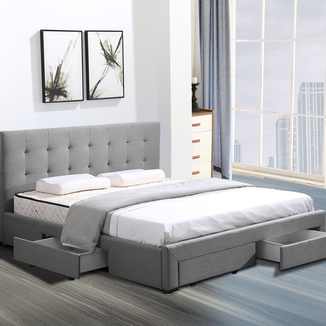 Big Bedding Australia Bedframe Levede Bed Frame Queen Fabric With Drawers Storage Wooden Mattress Grey