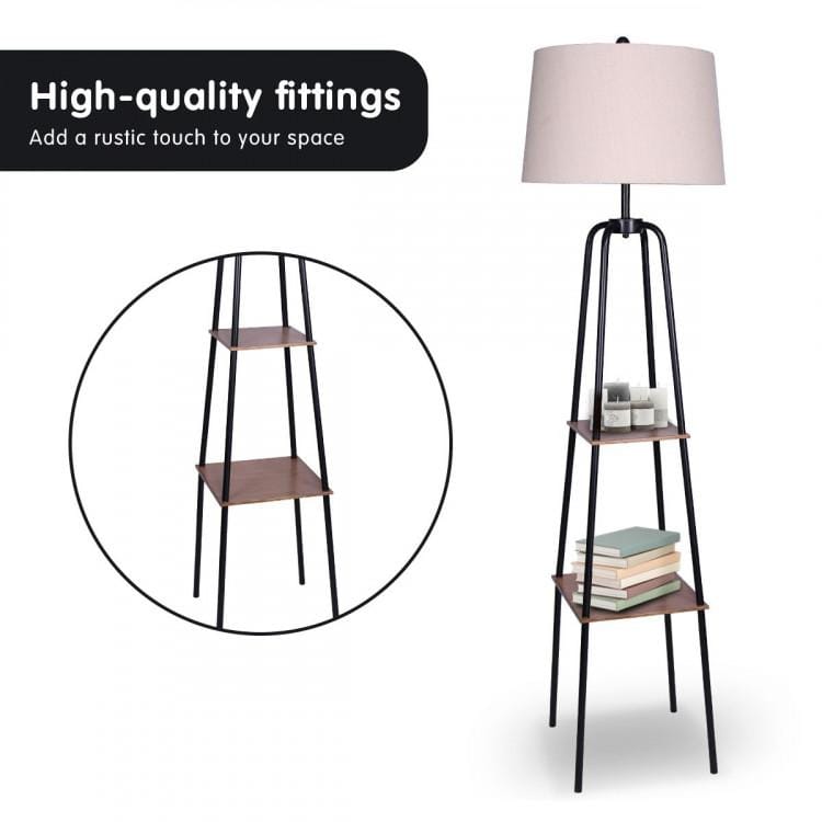 Big Bedding Australia Lamp METAL ETAGERE FLOOR LAMP SHADE WITH METAL SHELF IN WOOD GRAIN FINISH