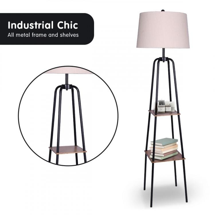 Big Bedding Australia Lamp METAL ETAGERE FLOOR LAMP SHADE WITH METAL SHELF IN WOOD GRAIN FINISH