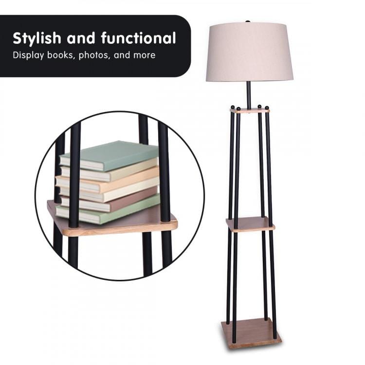Big Bedding Australia Lamp METAL ETAGERE FLOOR LAMP WITH WOOD SHELF & CREAM LINEN FABRIC SHADE