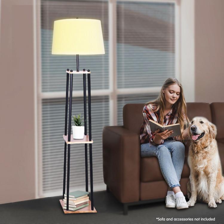 Big Bedding Australia Lamp METAL ETAGERE FLOOR LAMP WITH WOOD SHELF & CREAM LINEN FABRIC SHADE