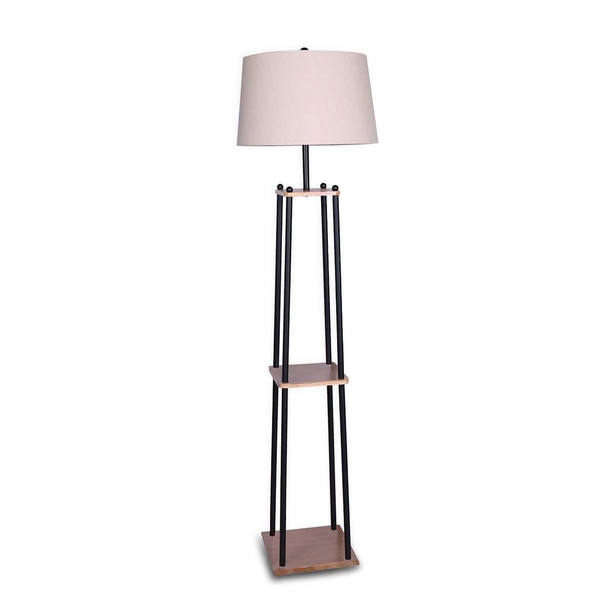 Big Bedding Australia Lamp METAL ETAGERE FLOOR LAMP WITH WOOD SHELF & CREAM LINEN FABRIC SHADE