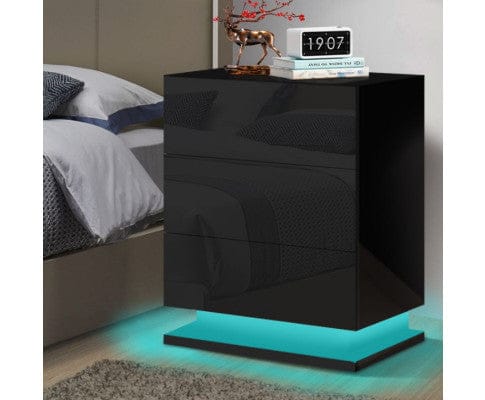 Big Bedding Australia Bedside Table Modern High Gloss LED Bedside Black Drawer Cabinet Table