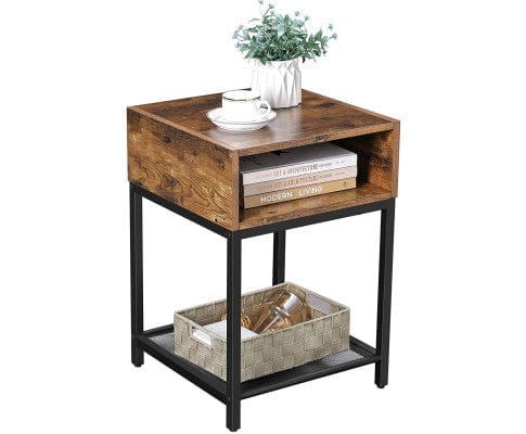 Big Bedding Australia Bedside Table Side Table with Open Compartment and Mesh Shelf Rustic Brown and Black