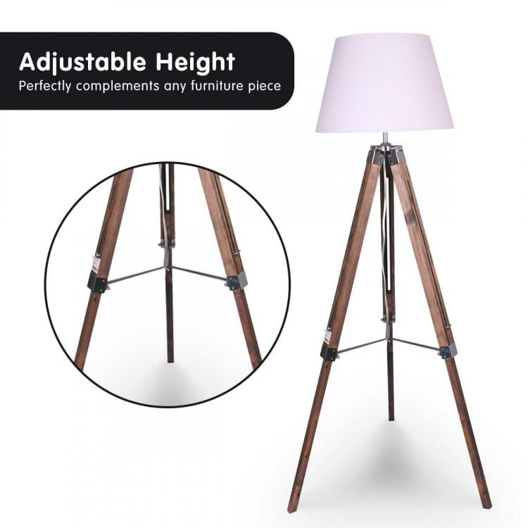 Big Bedding Australia Lamp SOLID WOOD TRIPOD FLOOR LAMP ADJUSTABLE HEIGHT WHITE LINEN TAPER SHADE