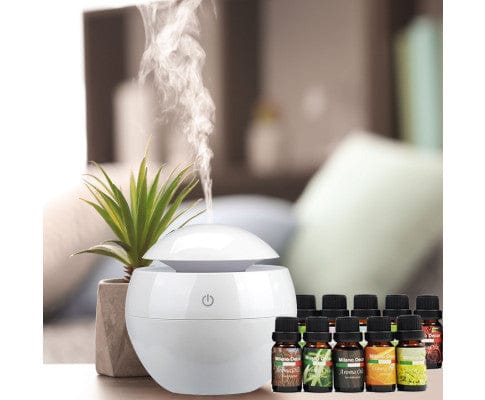 Big Bedding Australia Diffuser Ultrasonic USB Diffuser with 10 Aroma Oils Humidifier LED Light 130ml - White