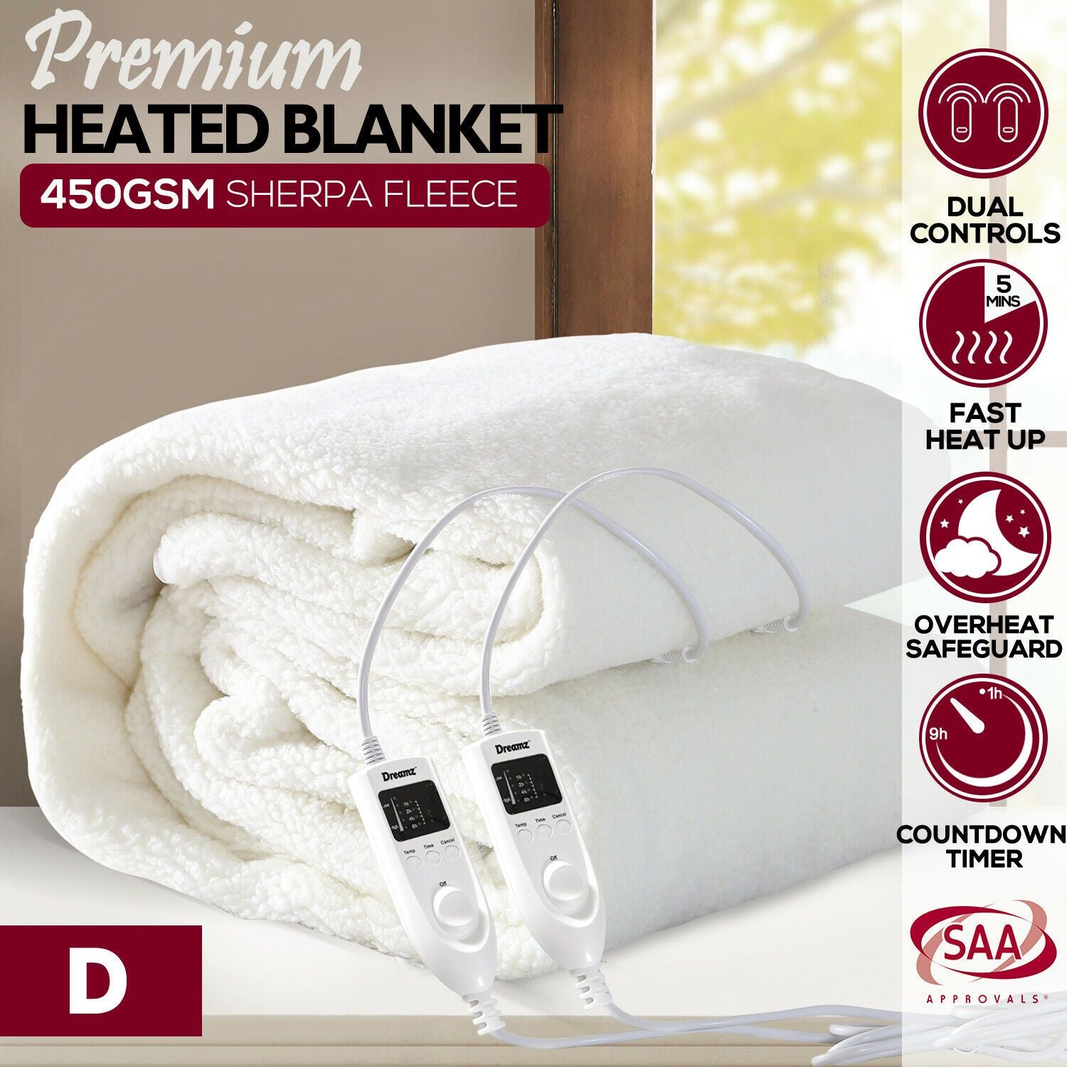 450 GSM Fleecy Electric Blanket Heated Warm Winter Fitted Double Size Dreamz