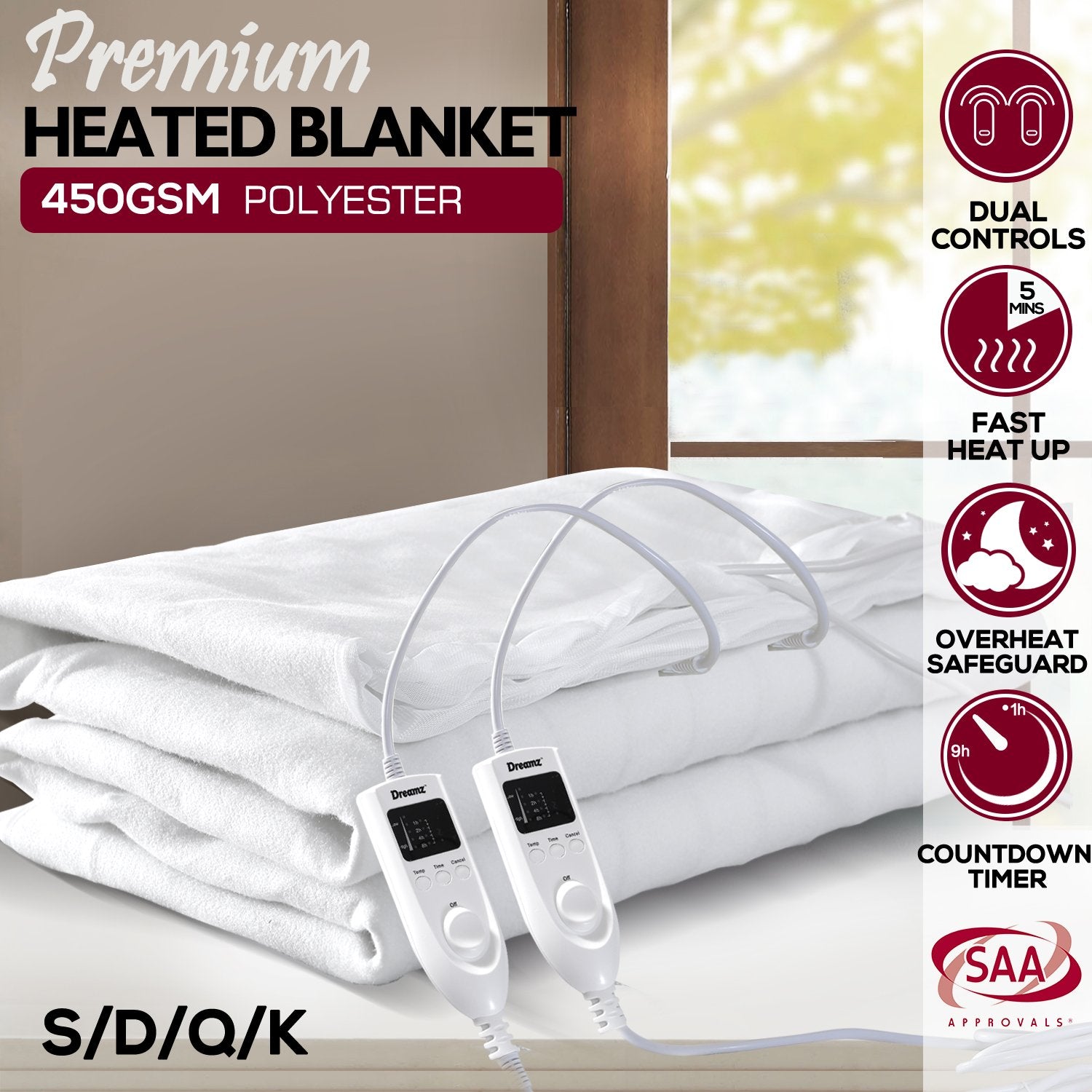 2x 450 GSM Polyster Electric Blanket Heat Warm Winter Fitted Double Size Dreamz