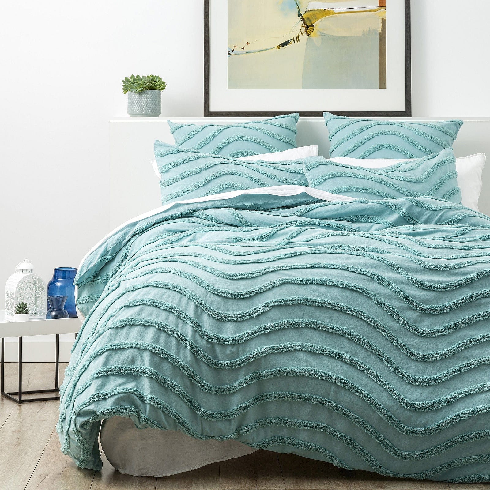 Cloud Linen Quilt Cover Wave 100% Cotton Chenille Vintage washed tufted Quilt Cover Set -Aqua