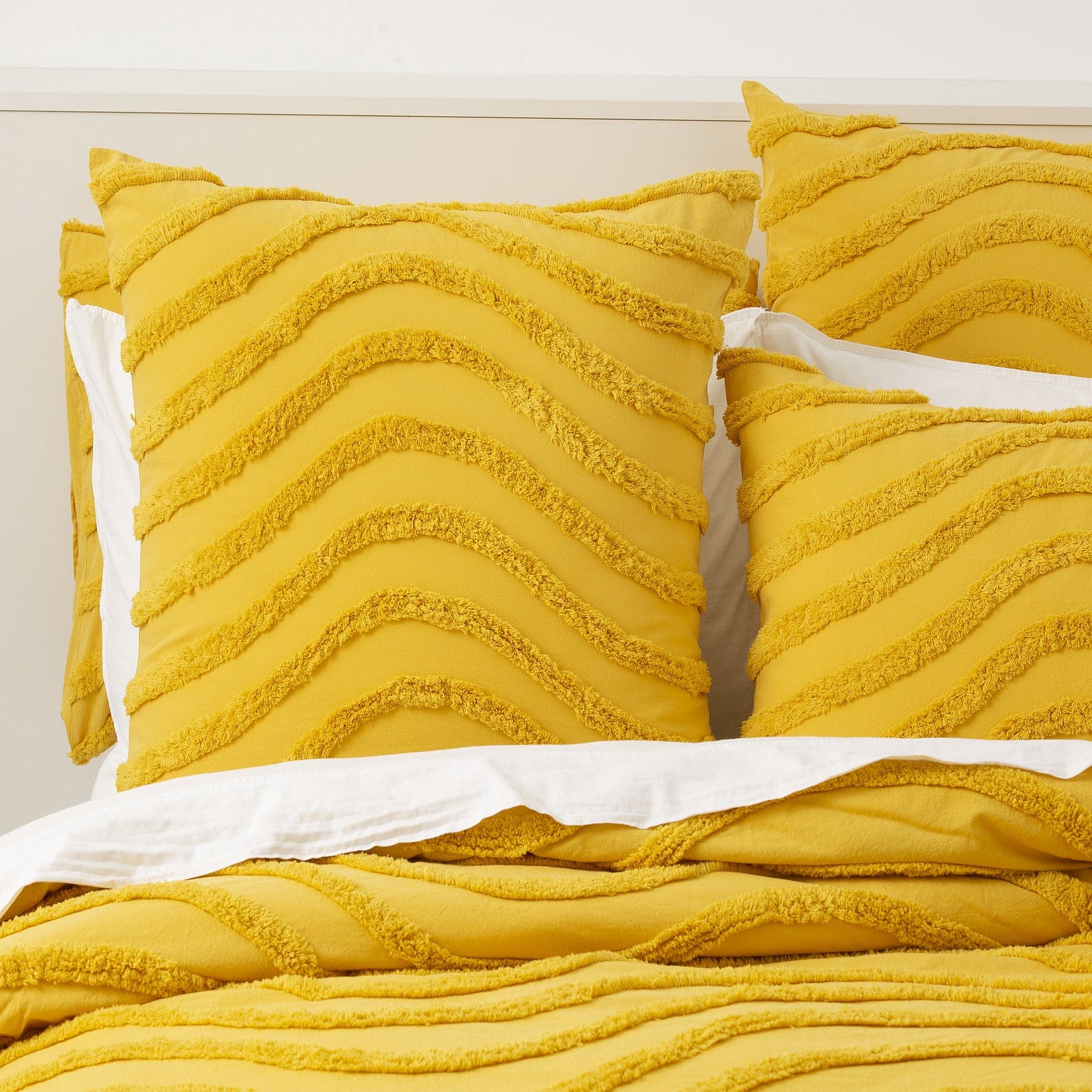 Cloud Linen Quilt Cover Wave 100% Cotton Chenille Vintage washed tufted Quilt Cover Set - Mustard