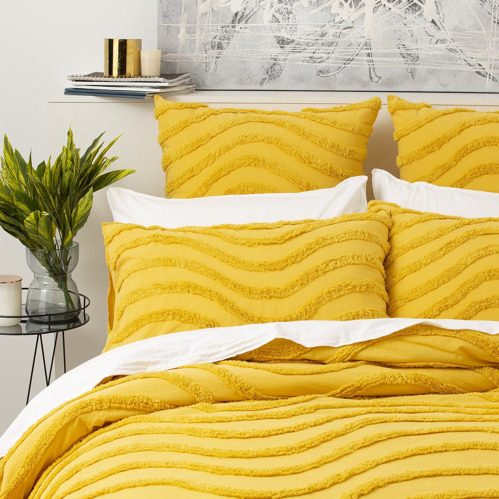 Cloud Linen Quilt Cover Wave 100% Cotton Chenille Vintage washed tufted Quilt Cover Set - Mustard