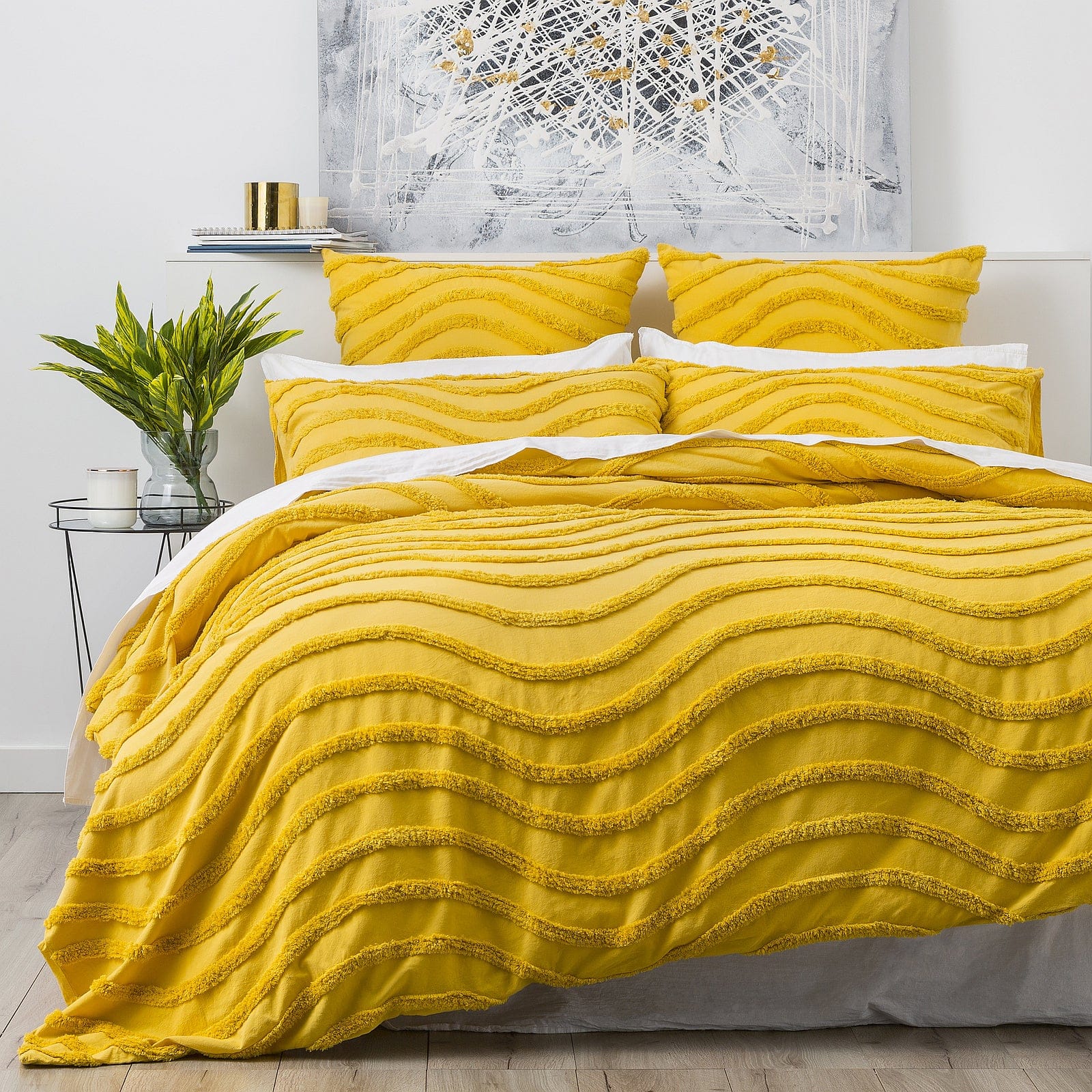 Cloud Linen Quilt Cover Wave 100% Cotton Chenille Vintage washed tufted Quilt Cover Set - Mustard