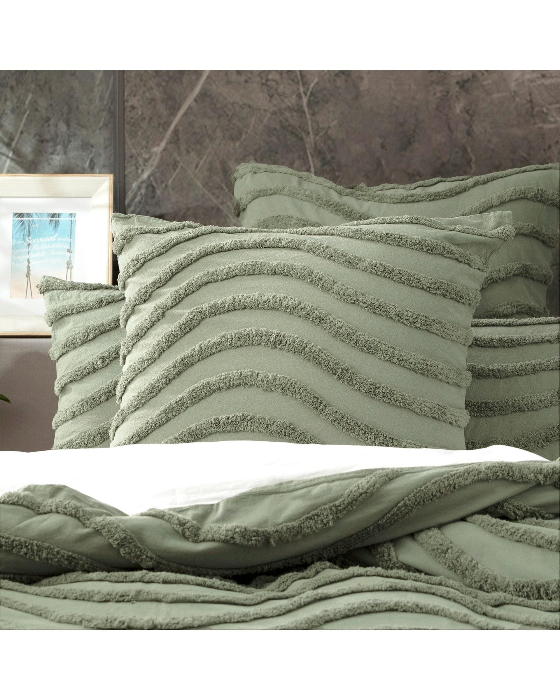 Cloud Linen Quilt Cover Wave 100% Cotton Chenille Vintage washed tufted Quilt cover Set - Sage
