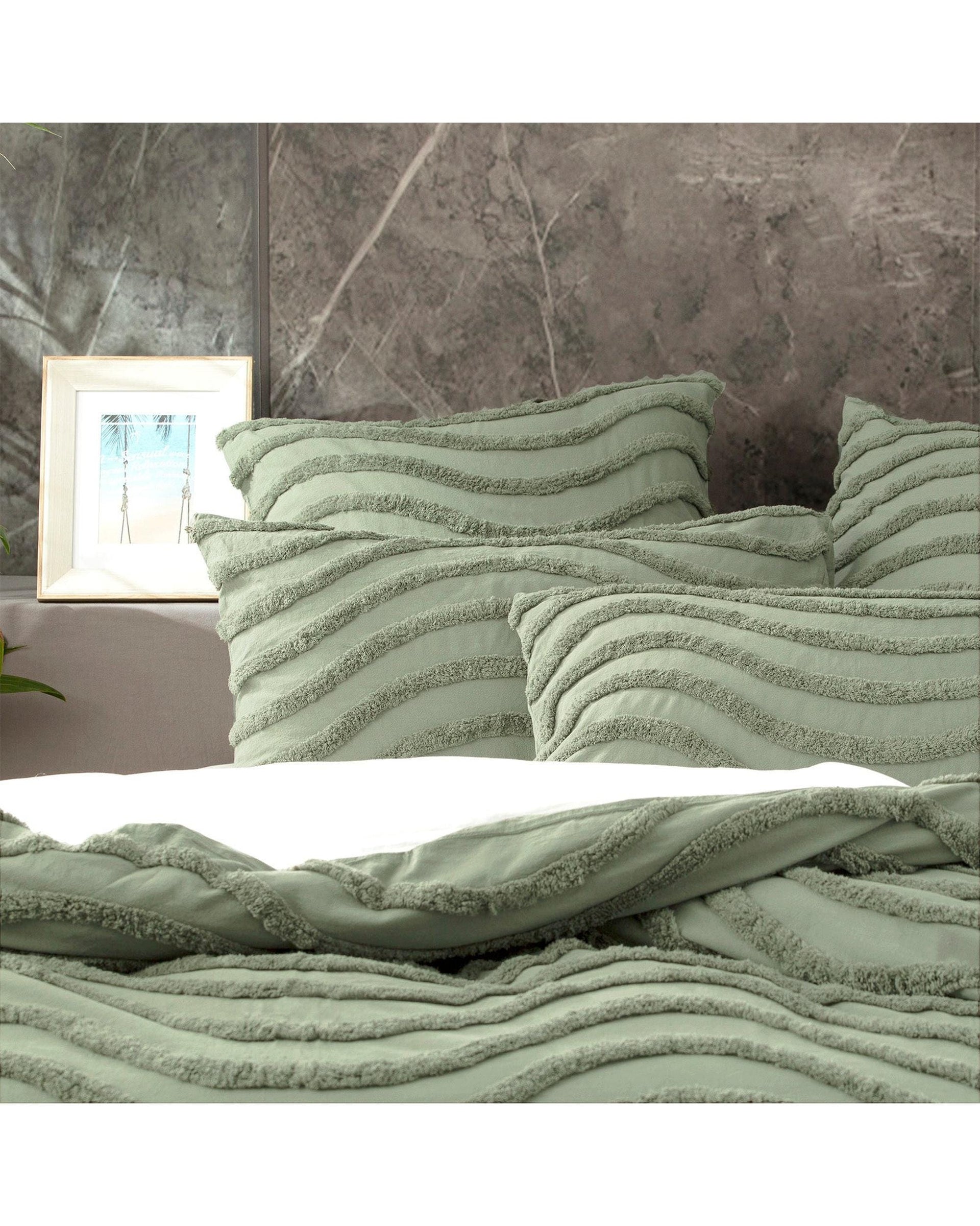Cloud Linen Quilt Cover Wave 100% Cotton Chenille Vintage washed tufted Quilt cover Set - Sage