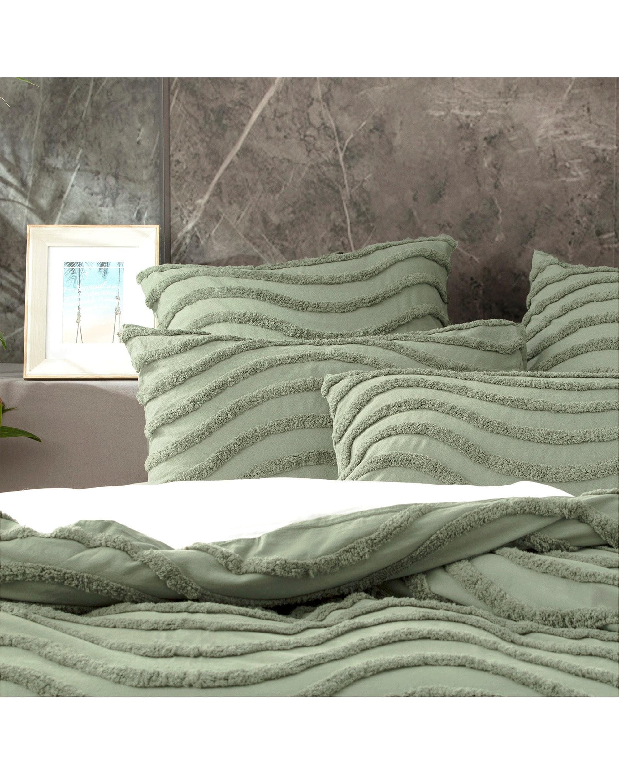 Cloud Linen Quilt Cover Wave 100% Cotton Chenille Vintage washed tufted Quilt cover Set - Sage