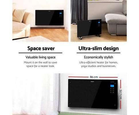 Devanti Heater 2000W Portable Electric Panel Heater - Black Glass