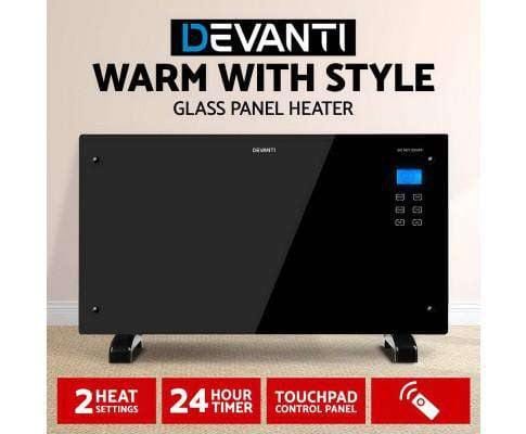 Devanti Heater 2000W Portable Electric Panel Heater - Black Glass