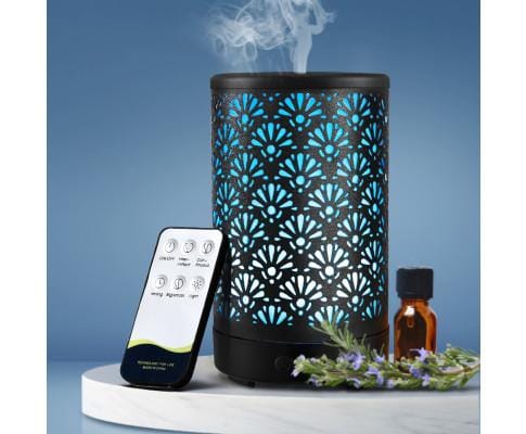 Devanti Diffuser Aroma Diffuser Aromatherapy Essential Oils Metal Cover Ultrasonic Cool Mist 100ml Remote Control Black