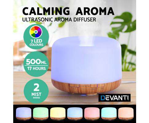 Devanti Diffuser Black Aroma Diffuser Aromatherapy LED Night Light Air Humidifier Purifier Light Wood Grain 500ml