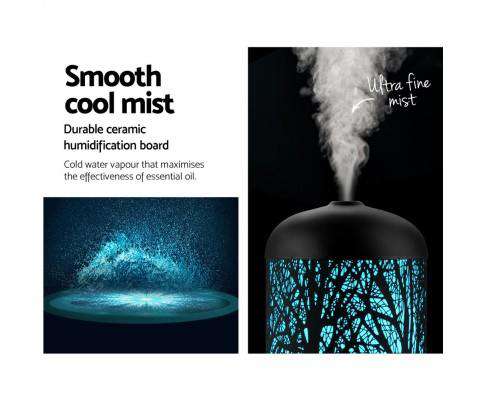 Devanti Diffuser Black Aroma Diffuser Aromatherapy LED Night Light Iron Air Humidifier Black Forrest Pattern 100ml