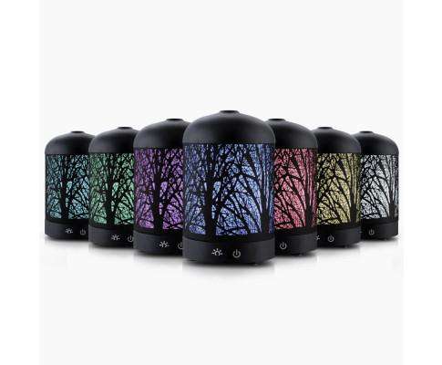 Devanti Diffuser Black Aroma Diffuser Aromatherapy LED Night Light Iron Air Humidifier Black Forrest Pattern 100ml