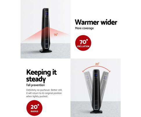 Devanti Heater Electric Ceramic Tower Fan Heater Portable Oscillating Remote Control 2400W Black