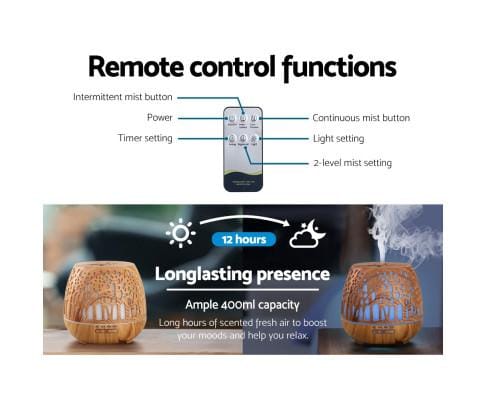 Devanti Diffuser Light Wood Aroma Diffuser Aromatherapy Humidifier Essential Oil Ultrasonic Cool Mist Wood Grain Remote Control 400ml