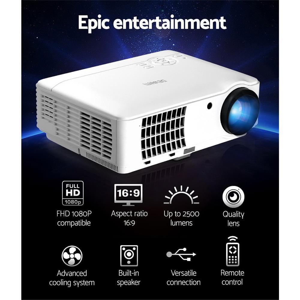 Devanti Projectors Mini Video Projector Portable HD 1080P 2500 Lumens Home Theater USB VGA