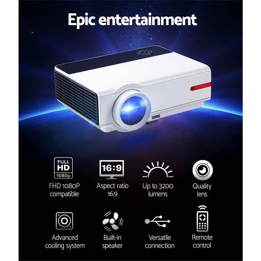 Devanti Projectors Mini Video Projector Portable HD 1080P 3200 Lumens Home USB VGA HDMI