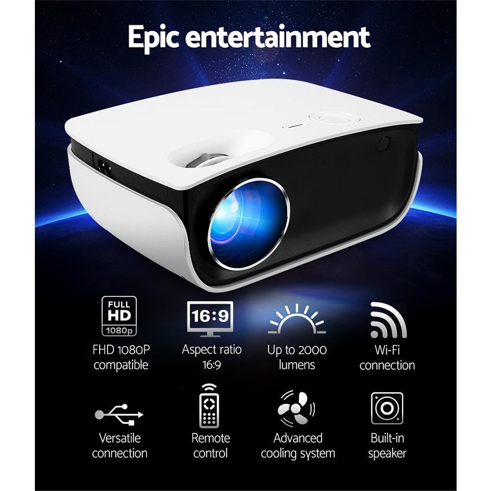 Devanti Projectors Mini Video Projector Wifi USB HDMI Portable 2000 Lumens HD 1080P Home Theater White