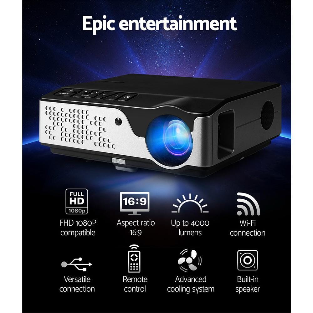 Devanti Projectors Video Projector Wifi USB Portable 4000 Lumens HD 1080P Home Theater Black