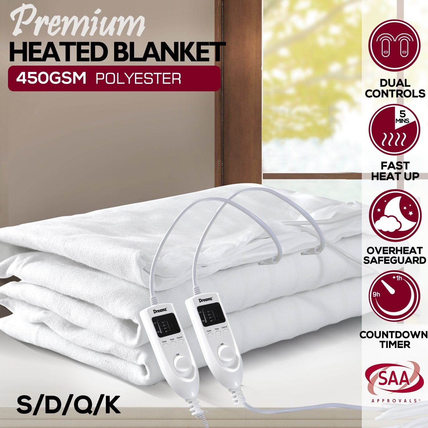 Dreamz Electric Blanket 2x 450 GSM Polyster Electric Blanket Heat Warm Winter Fitted Double Size