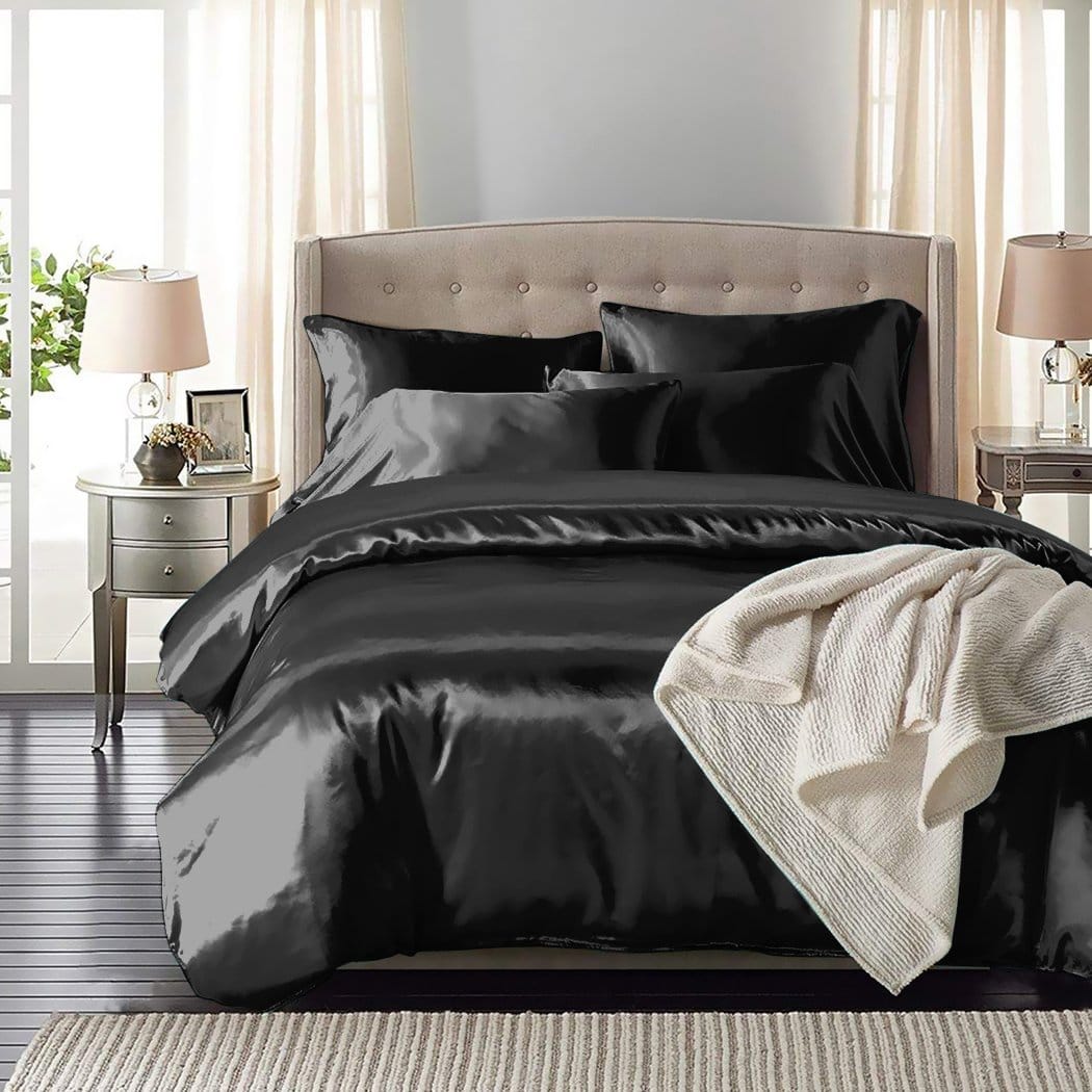 Dreamz Bed Sheets Silk Satin Quilt Duvet Cover Set in Single Size in Black Colour