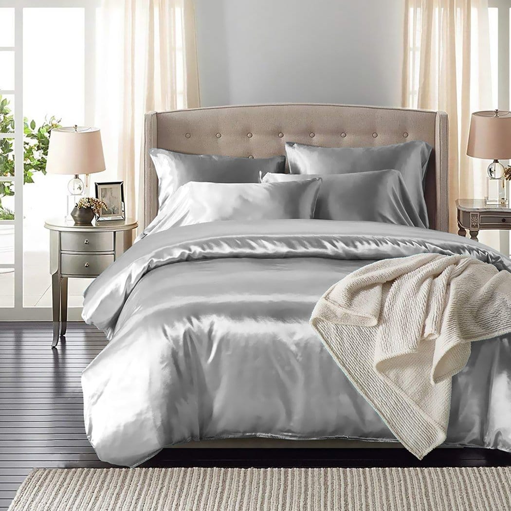 Dreamz Bed Sheets Silk Satin Quilt Duvet Cover Set in Single Size in Silver Colour