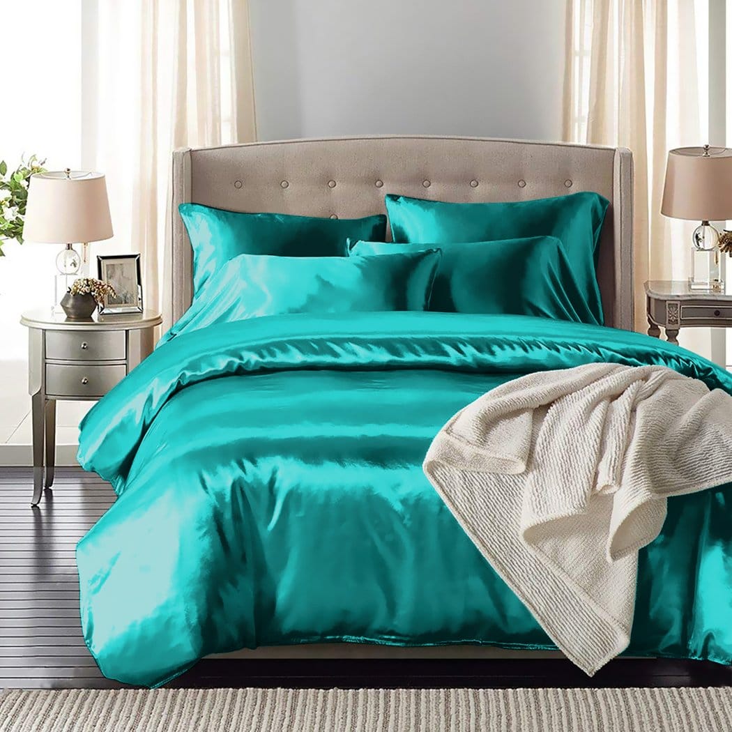 Dreamz Bed Sheets Silk Satin Quilt Duvet Cover Set in Single Size in Teal Colour