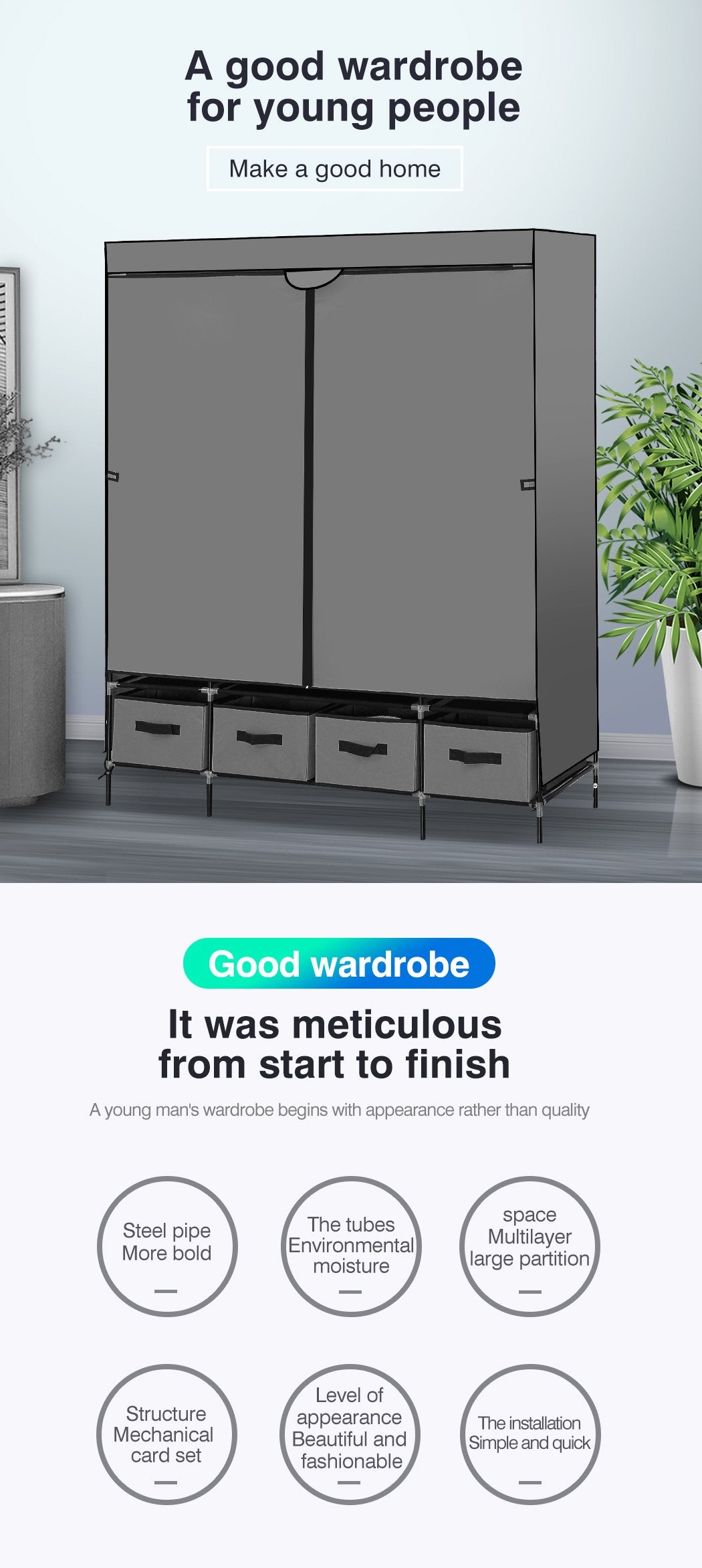 Portable Wardrobe 4 Drawers Large Storage Cabinet Organiser Shelf Rack Levede