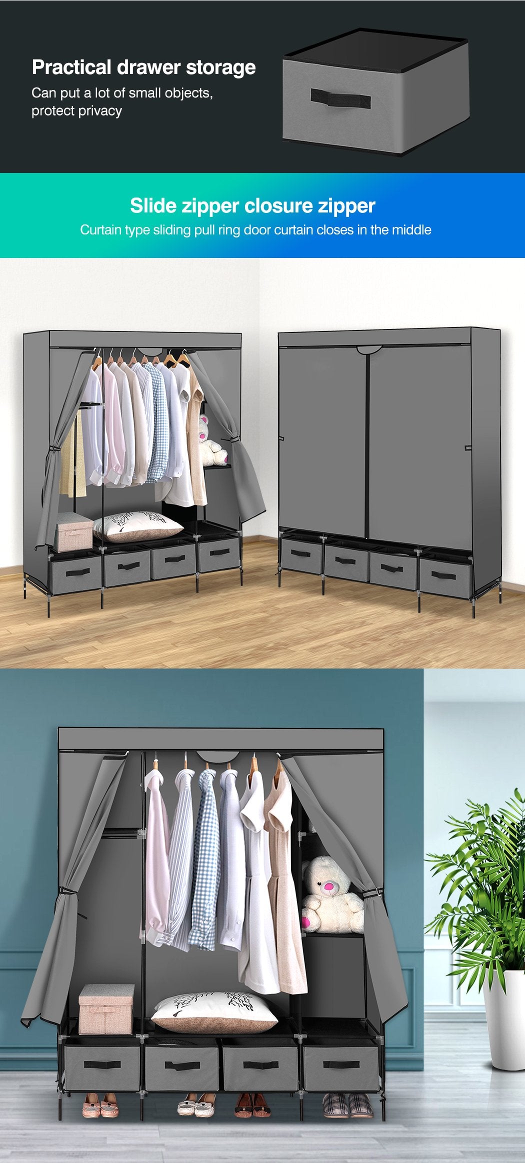 Portable Wardrobe 4 Drawers Large Storage Cabinet Organiser Shelf Rack Levede