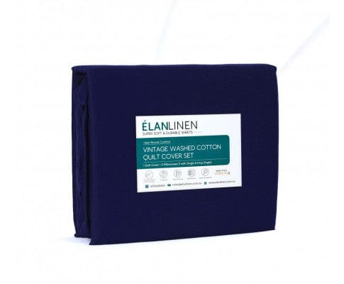 Elan Linen Quilt Cover Elan Linen 100% Egyptian Cotton Vintage Washed 500TC Quilt Cover Set - Navy