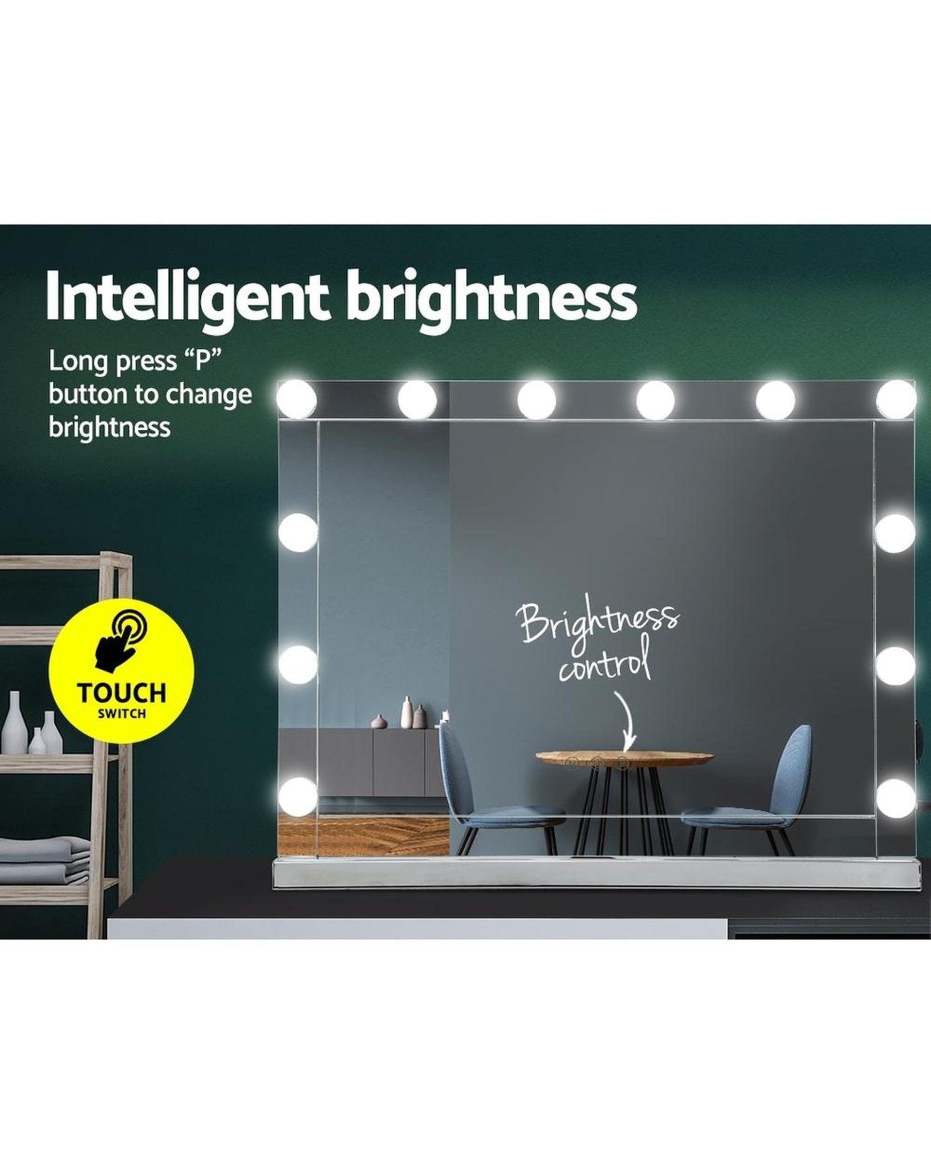 Embellir Mirror Hollywood Makeup Mirror With Light 12 LED Bulbs Vanity Lighted Silver 58cm x 46cm