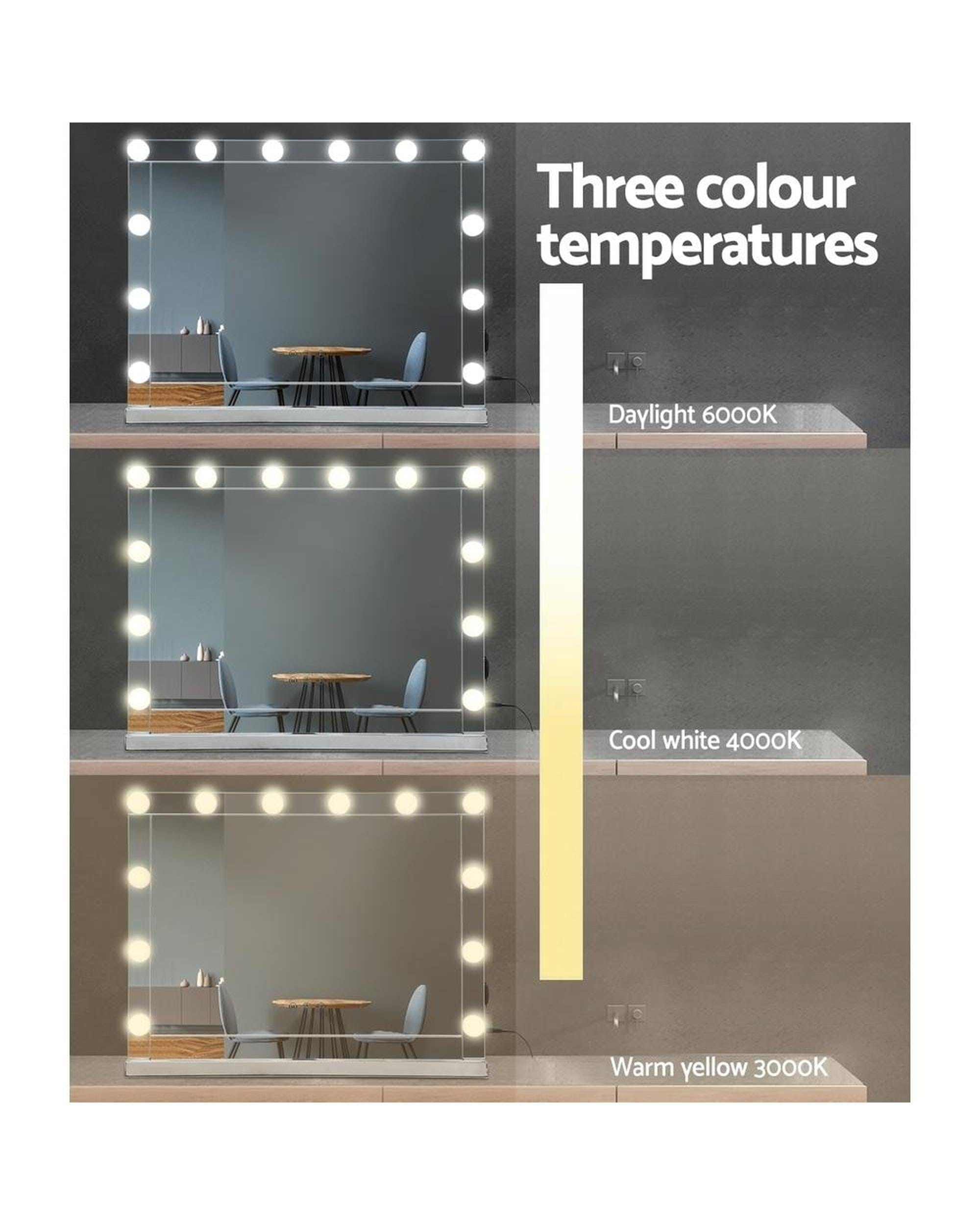 Embellir Mirror Hollywood Makeup Mirror With Light 12 LED Bulbs Vanity Lighted Silver 58cm x 46cm